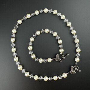 Set Faux Pearl Crystal Silver-tone Rose Toggle Necklace 16" Bracelet 7.5"
